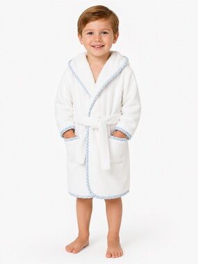 Lil Weezie Kids Hooded Terry Bathrobe 3-4Y White Blue Gingham Cotton